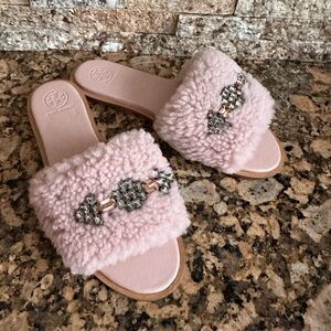 Tory Burch Embellished Genuine Shearling Slide Sandal, Pink